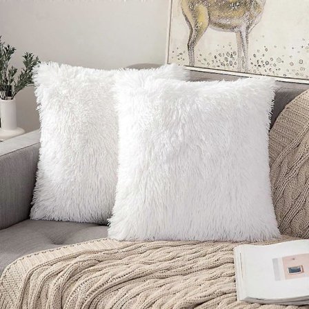 Pakke med 2 hvite luksuriøse, myke puter i imitert pels, dekorative puter, plysjpute