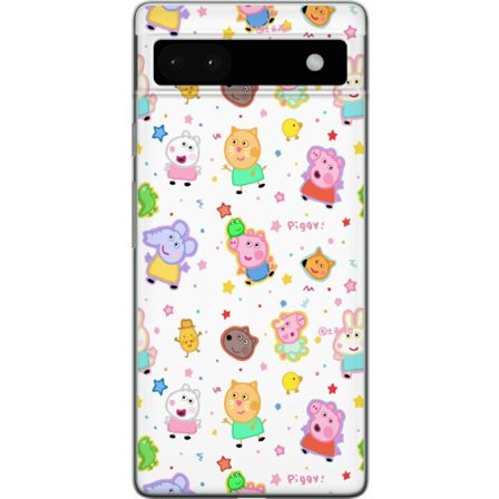 Kompatibel Mobilcover til Google Pixel 6a Farverige tegneserie dyrekarakterer i en legende stil med stjerner og prikker på en lys baggrund