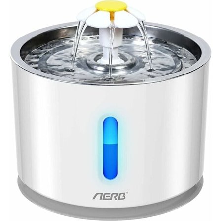 Aerb Drikkefontene for Katt og Liten Hund - Stille Vanndispenser med Aktivt Kullfilter og Rustfritt Stålbrett - LED Nattlys.