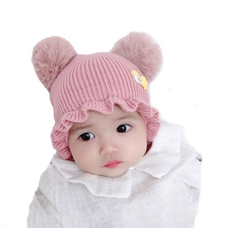 Pompom Baby Hat Strikket Kasket PINK