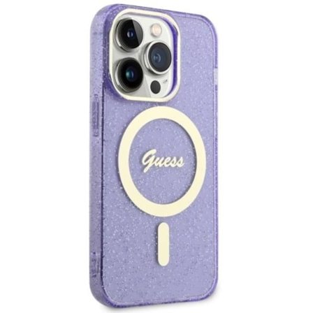 Guess iPhone 14 Pro Mobilskal MagSafe Glitter Guld - Lila