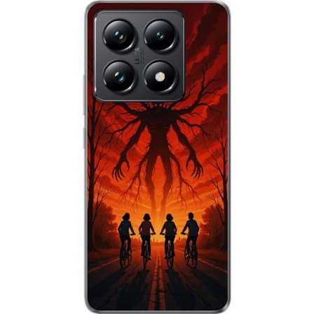 Yhteensopiva Puhelinkuori Xiaomi Xiaomi 14T Tumma Stranger Things -inspiroima kauhukuvaus punaisilla taivaalla, hirviöhahmo ja pyöräilevät lapset