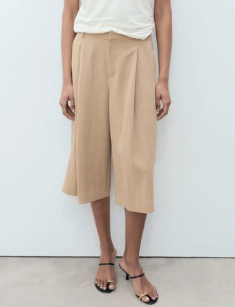 Mango Lyocell Pleated Bermuda Shorts - Beige - 42