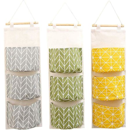 3 stk Stilige Oppbevaringsposer i Lin for Oppheng Bak Sammenleggbar Vegg