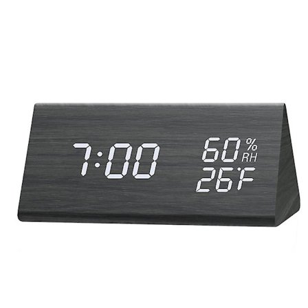 Digitalt vækkeur, med elektronisk LED-tidsvisning i træ, 3 alarmindstillinger, registrering af luftfugtighed og temperatur (sort)