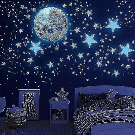 Självlysande stjärnor för tak, självlysande stjärnor och måne väggdekal, självlysande stjärnor i taket, självlysande väggdekor Fo