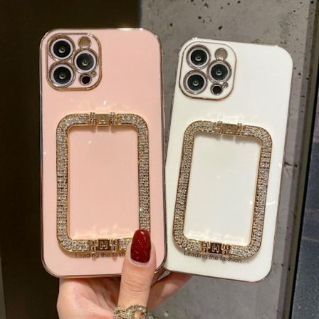 iPhone 13 Pro dekselhåndtak med strass diamanter står svart hvit rosa