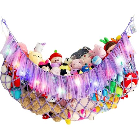 Erittäin suuri pehmoleluhenkari valolla, seinään kiinnitettävä - Pehmolelujen järjestäjä, Boho Macrame riippuva verkko, lastenhuoneeseen - Violetti