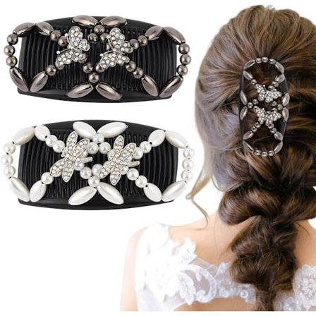 #Perle Hårkam 2 stk Magisk Elastisk Hårkam Dobbelt Klips Hår H#