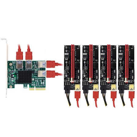 PCI-E 1x til 16x Riser Kort USB 3.0 Adapter PCIe 1 til 4 Slot Multiplier Kort + 4 stk. 009S Riser Sæt til BTC Bitcoin Miner