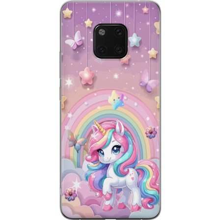 Kompatibelt Mobildeksel til Huawei Mate 20 Pro Magisk enhjørning med regnbue manke, stjerner og sommerfugler mot en pastellhimmel med skyer