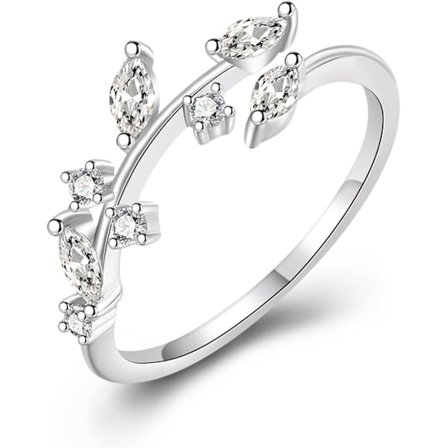 Sterling Silver Ringar - S925 Silver Justerbara Öppna Olivbladsringar med Cubic Zirconia Flickor Kvinnor Smycken Gåvor