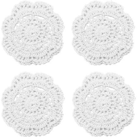 Håndlagde Rundt Kroket Doilies, 4 Tommer, Pakke med 4 (Hvit)