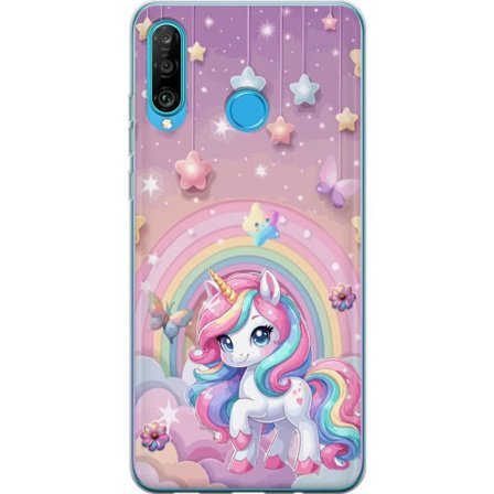 Kompatibelt Mobildeksel til Huawei P30 lite Magisk enhjørning med regnbue manke, stjerner og sommerfugler mot en pastellhimmel med skyer