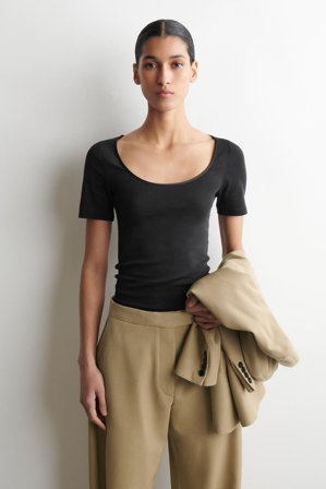 COS Femme T-Shirt En Jersey De Coton À Finitions Satinées in Noir