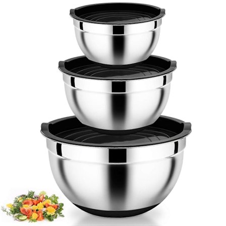 Metalskålsæt, 3 dele, røreskål med låg, alsidighed, holdbar, letvægt, essentiel i køkkenet