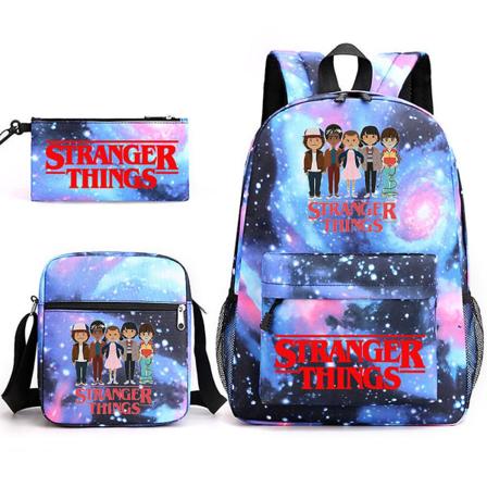 Stranger Things -reppu 3 kpl Set Opiskelijan koululaukku vinolaukku Star Blue