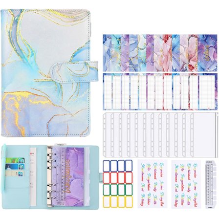 A6 Budget Binder med marmormønstret PU læder notesbog omslag lynlåskuverter etiketklistermærker lineal brugt som pengeorganiseringssystem 