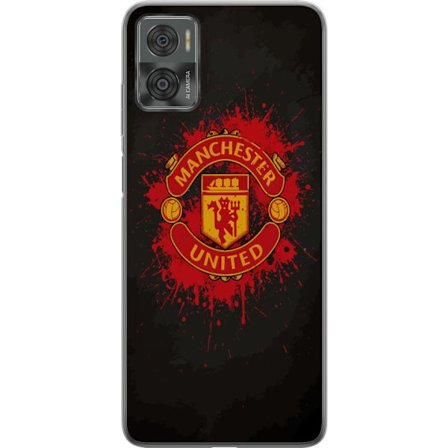 Kompatibelt Mobildeksel til Motorola Motorola Moto E22i Manchester United logo i rød og gul farge med røff sportslig bakgrunn