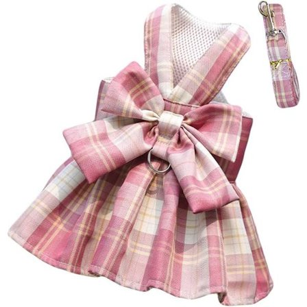 Hund Rutet Sele og Snor Sæt Kat Flue Prinsessekjole Sele Kæledyrstøj til Små Hunde Katte Hvalp Pink