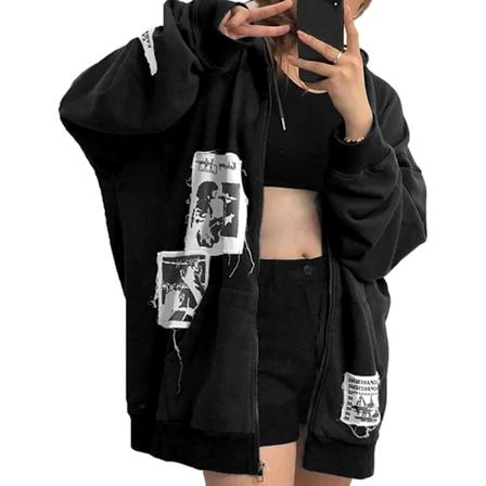 Emo Kläder Kvinnor Oversized Dragkedja Upp Hoodies Rhinestone Y2k Estetisk Skelett Sweatshirts Grunge Gotisk Jacka Streetwear