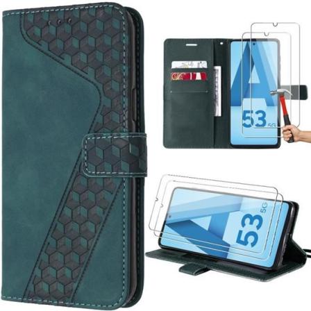 Fodral för Samsung Galaxy A53 5G, grönt, hopfällbart stötsäkert PU-läder med stöd, rutigt mönster + 2 härdade glasögon Nattgrönt