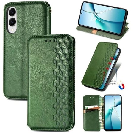 Samsung Galaxy S25 Edge Asia Rhombus Jälki Vegaaninahka Lompakko Phone Cover - Vihreä