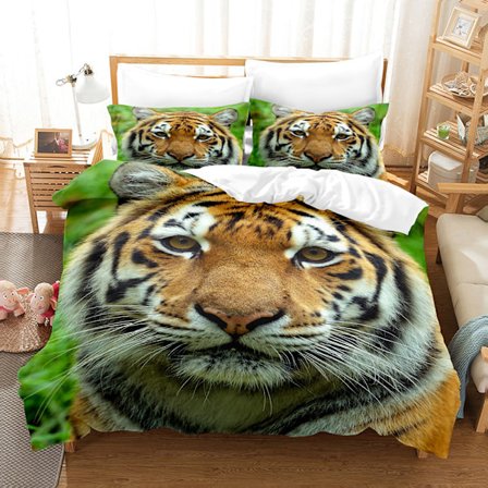 Täcke med tecknat mönster, lakan, set med fyra delar, påslakan med tigertryck, set med tre delar 18