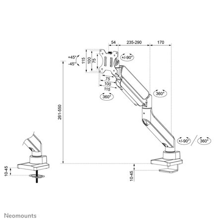 Neomounts by Newstar Desk Mount 1 Ultra Wide Curved screen top fix clamp & grommet
