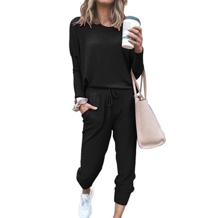 2-delt Dametøj Loungewear Sæt Strækbart Langærmet Skjorte Bukser Sort XL