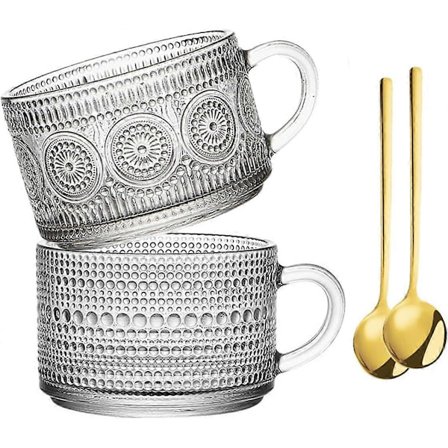 2 st Vintage Kaffemuggar, 400 ml Te-koppar i Glas med Skedar, Genomskinliga Glasmuggar med Prägling, Kaffekoppar i Glas
