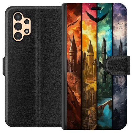 Kompatibel Tegnebogsetui til Samsung Samsung Galaxy A13 Fire magiske slotte i forskellige elementfarver, episk fantasykunst med ild vand luft og mørk