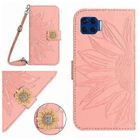 Yhteensopiva Motorola Moto G 5G Plus -puhelimen kanssa, kohokuvioitu auringonkukka timanteilla, magneettinen korttipidike, lompakkokotelo olkahihnalla