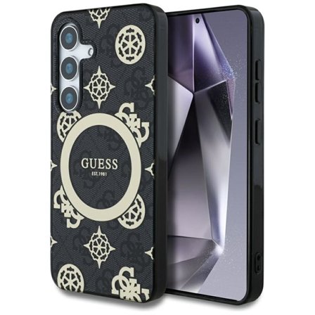 Guess 4G Bakgrunn gull galvanisert Peony Pattern MagSafe-etui for Samsung Galaxy S25 svart