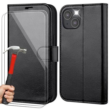 Skydd + Härdat Glas - Elegant - för iPhone 15 - Läderlook - Svart - Semi-rigid