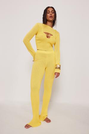 Elin Warnqvist x NA-KD Ribbed Long Trousers - Strickhosen - Gelb - Small
