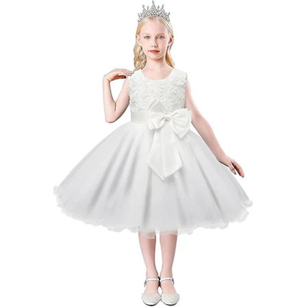 Pigekjole Paljetter, tredimensionel blomsterkjole i tyl og blonde (hvid, 120 cm) .4