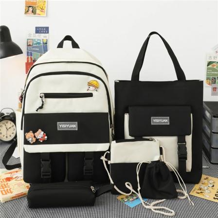Ny femdelt skolesekk kvinnelig koreansk Harajuku Kontrastfarge Stor kapasitet Black with white