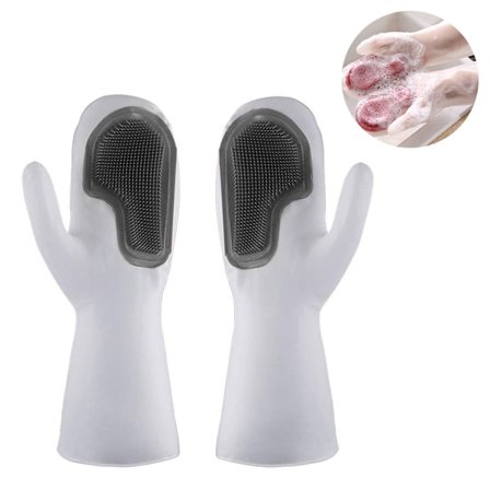 Silikonhansker, gjenbrukbare vanntette rengjøringshansker med rengjøringsbørste, håndbeskyttelse og varmebestandighet for badet på kjøkkenet