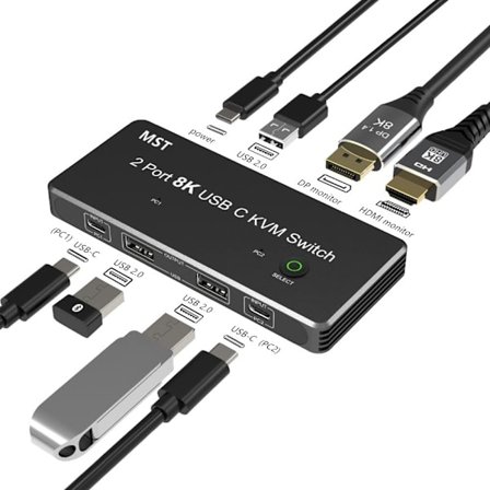 NÖRDIC 2 til 2 KVM-switch USB-C og displayport 1xDP och 1xHDMI 8K 60Hz 3xUSB-A
