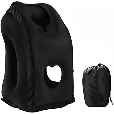 Uppblåsbar resekudde, stöder bekvämt huvud, nacke och haka, uppblåsbar nackkudde för resekudde med gratis ögonmask/öronproppar (svarta)