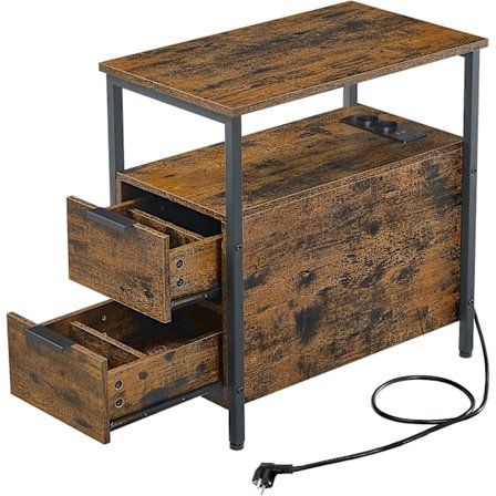 Vasagle sidebord, sengebord med stikkontakt, 2 skuffer, sofabord, sengebord, vintage brun/sort
