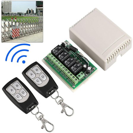 Trådløs RF fjernbetjeningsrelækontakt, 443MHz kanal, 4 kanaler, med 2 modtagere