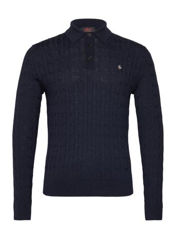 Merino Cable Polo Knit Designers Knitwear Long Sleeve Knitted Polos Navy Morris