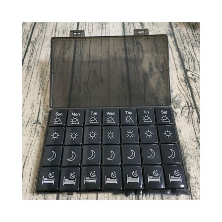 En sort model, ca. 23,8 * 14,7 * 3,78 cm fransk ugentlig pilleæske morgen middag aften, stor medicinpilleæske 7 dage 4 rum ugentlig pille