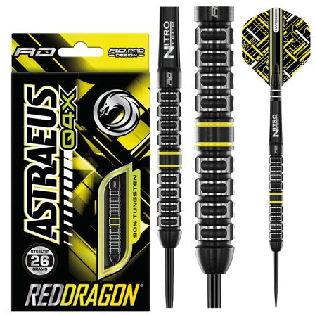Red Dragon Darts Astraeus Q4X Parallel Steel Tip Darts - 90% Tungsten - 22g/24g/26g - Yellow/Black - Pro Design - Nitro Tech