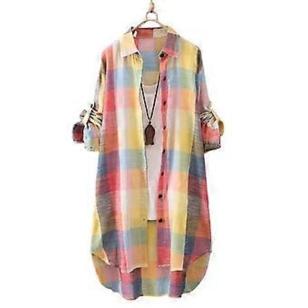 Dame Skjorte Plaid Print Kontrastfarve Uregelmæssig Kant Enkeltknappet Langærmet Revers Oversized Blød Åndbar Top (3XL orange, gul)