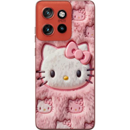 Yhteensopiva Puhelinkuori Motorola Edge 50 Neo Hello Kitty vaaleanpunainen pörröinen tausta, jossa on ikoninen kasvot ja kawaii-esteettisyys