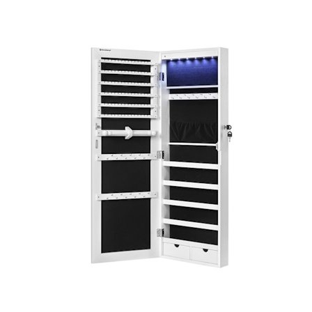 Rootz hängande smyckesskåp - Väggmonterad smyckeskåp - Vit smyckeskåp - MDF-konstruktion - Stor spegel - LED-belysning - Låsbar - 37cm x 9,3cm x 108cm