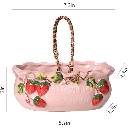 Keramiikkainen mansikan muotoinen istutusastia, korikukkaistutusastia kahvalla, salaojitusreikä